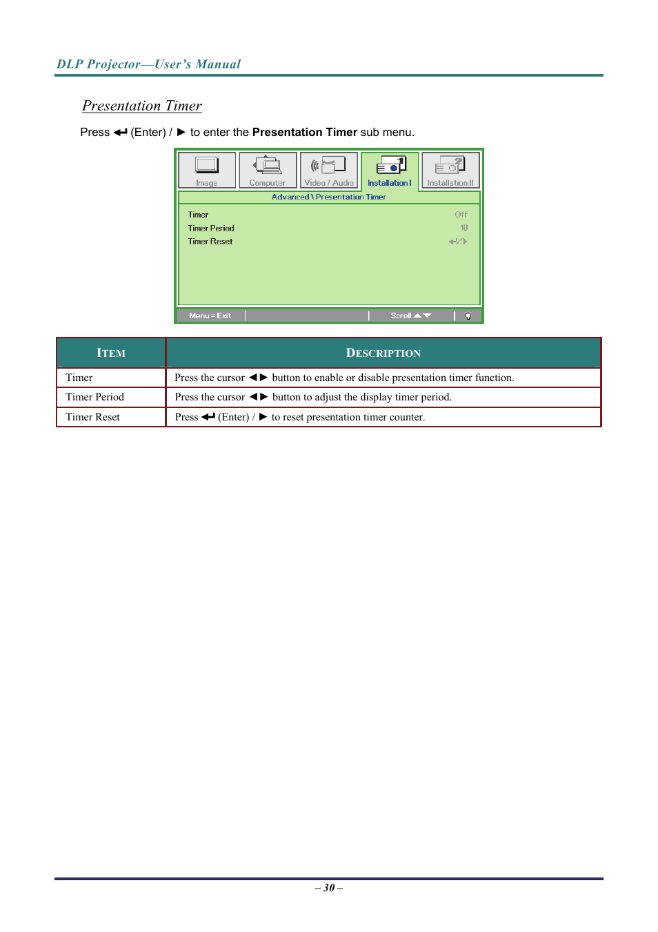 Installation ii menu, Presentation timer | Vivitek D3 User Manual | Page 38 / 62