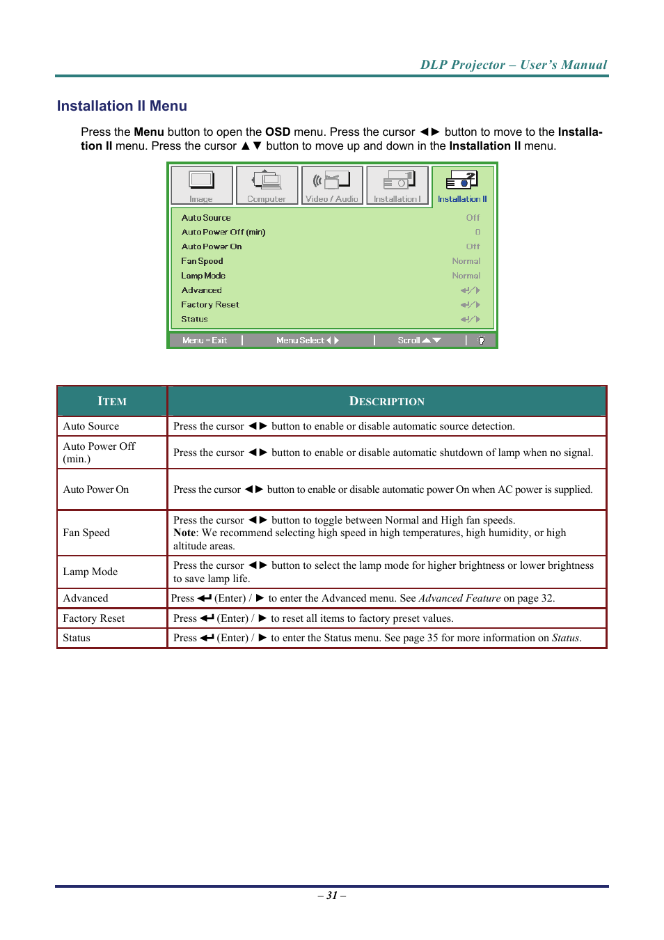 Nstallation | Vivitek D3 User Manual | Page 39 / 62