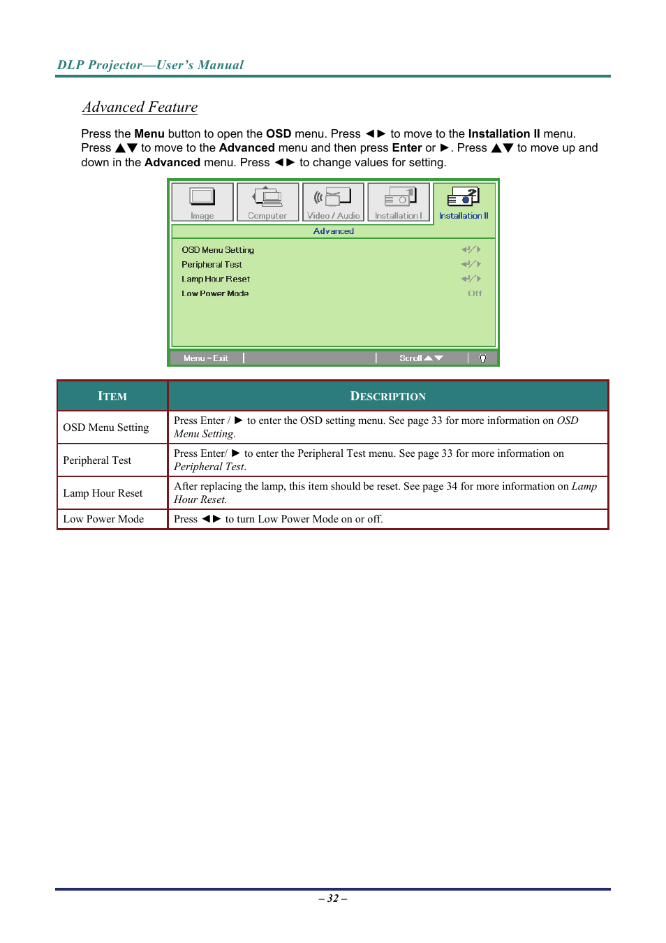 Advanced feature, Osd menu setting, E advanced feature o | Ge 32 | Vivitek D3 User Manual | Page 40 / 62