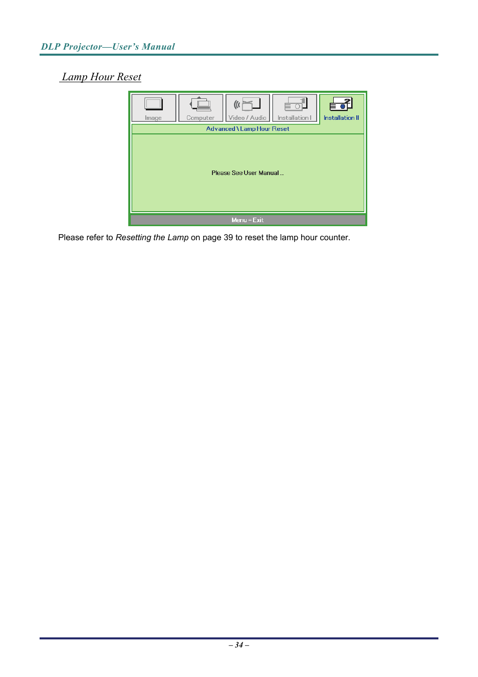 Lamp hour reset, 34 fo | Vivitek D3 User Manual | Page 42 / 62