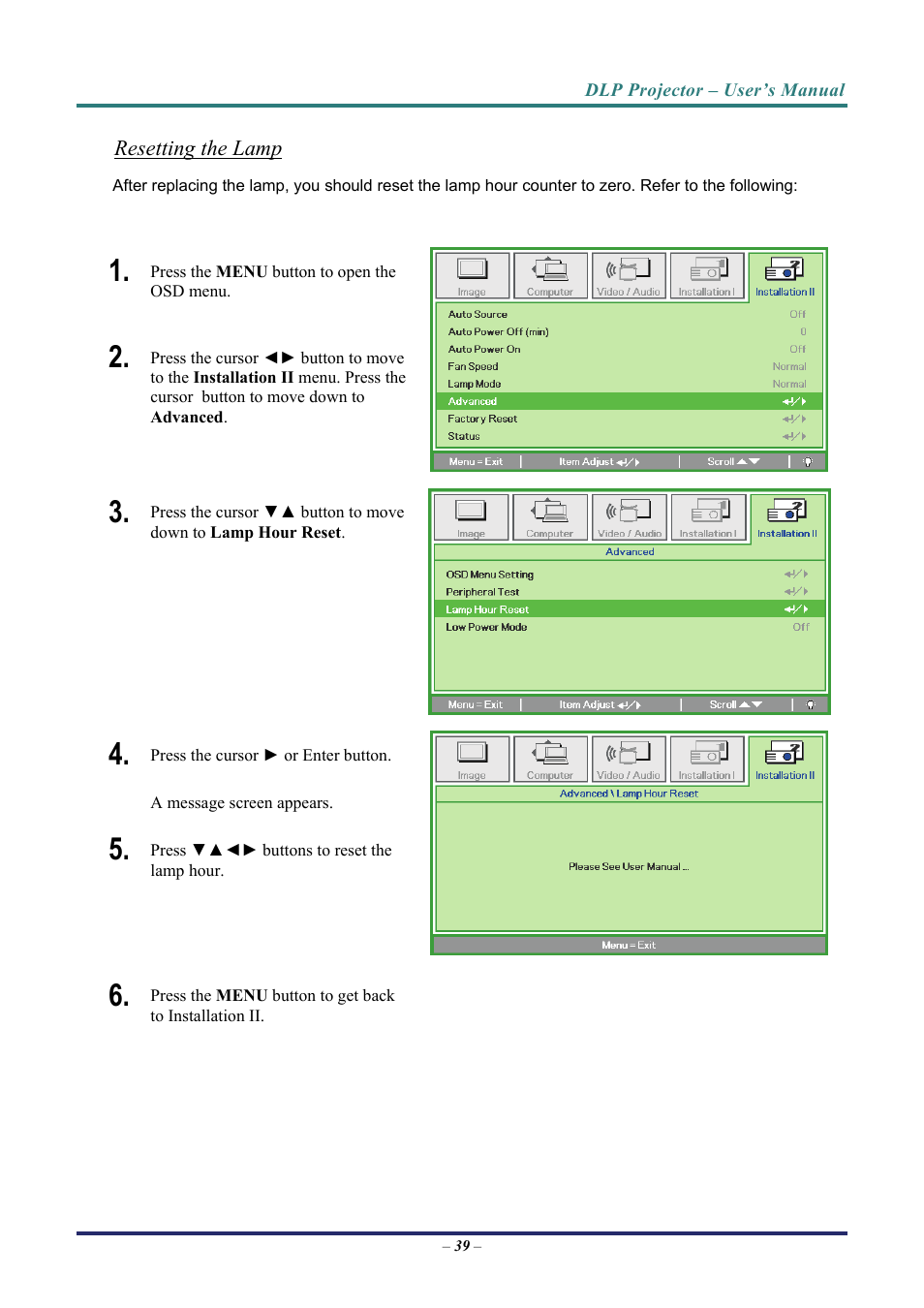 Cleaning the projector, Resetting the lamp | Vivitek D3 User Manual | Page 47 / 62