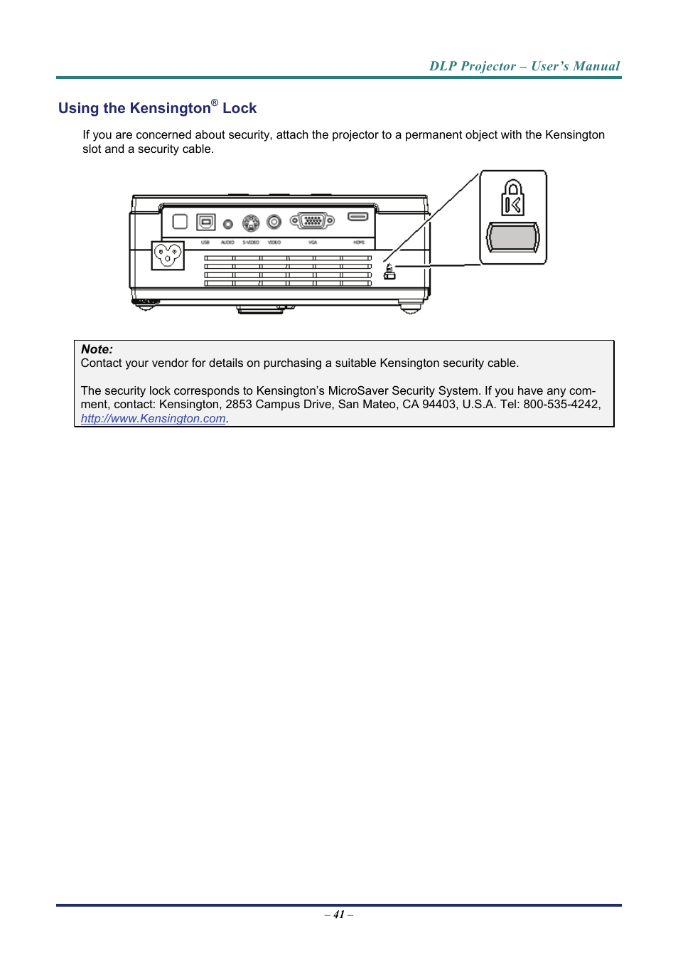 Using the kensington® lock, Sing the, Ensington | Vivitek D3 User Manual | Page 49 / 62