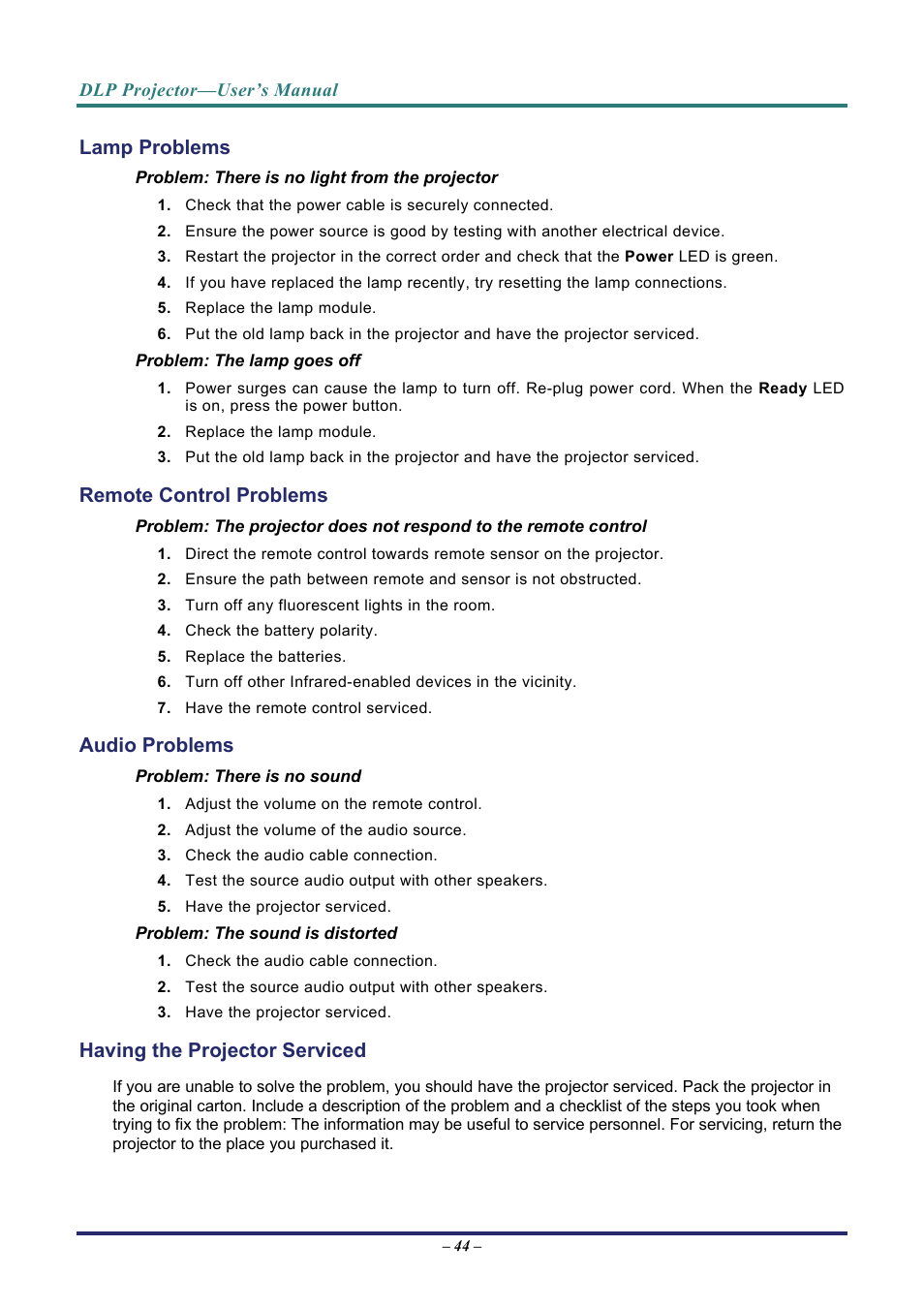 Lamp problems, Remote control problems, Audio problems | Having the projector serviced, Roblems, Emote, Ontrol, Udio, Aving the, Rojector | Vivitek D3 User Manual | Page 52 / 62