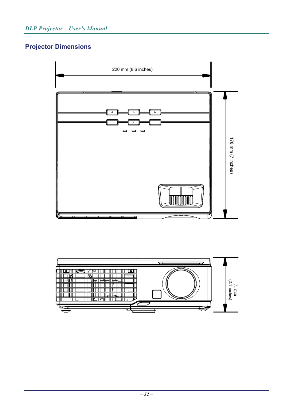 Projector dimensions, Rojector, Imensions | Dlp projector—user’s manual | Vivitek D3 User Manual | Page 60 / 62