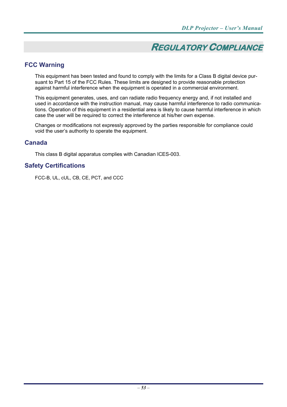 Regulatory compliance, Fcc warning, Canada | Safety certifications, E 53, Arning, Anada, Afety, Ertifications, Egulatory | Vivitek D3 User Manual | Page 61 / 62