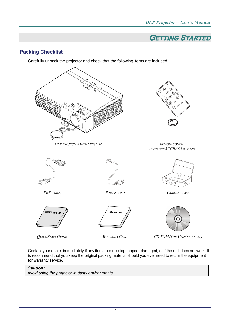 Getting started, Packing checklist, Acking | Hecklist, Etting, Tarted, Dlp projector – user’s manual | Vivitek D3 User Manual | Page 9 / 62
