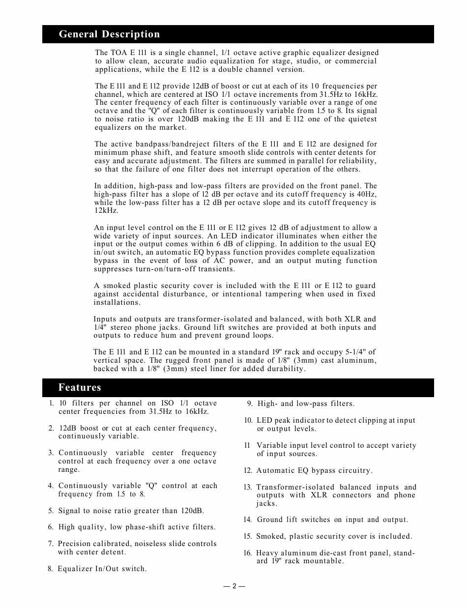 Features, General description | Viking Electronics E111 User Manual | Page 3 / 12
