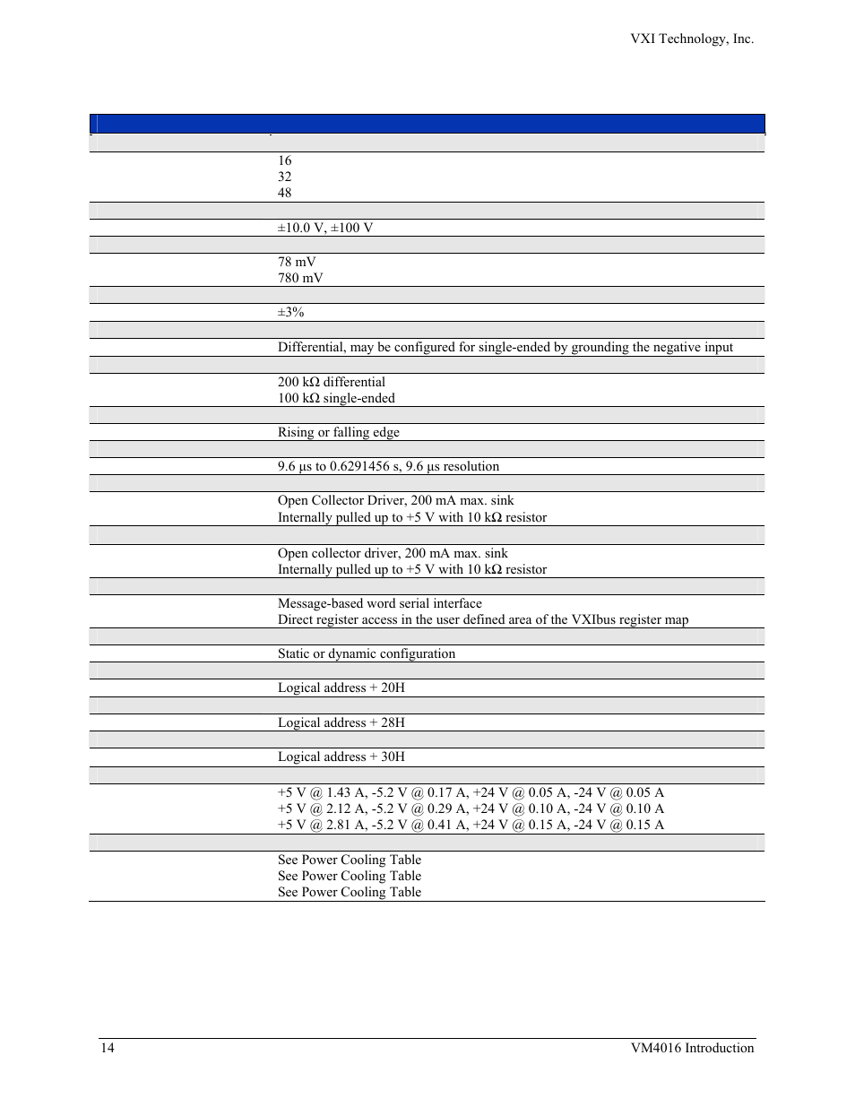 Vm4016 general specifications, Vm4016 | VXI VM4016 User Manual | Page 14 / 95