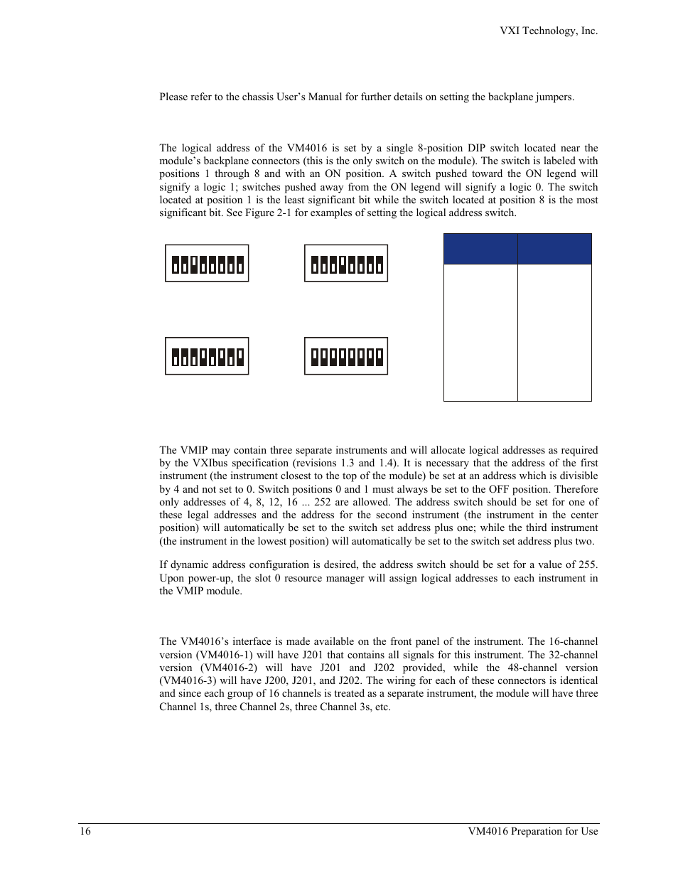 Setting the chassis backplane jumpers, Setting the logical address, Front panel interface wiring | VXI VM4016 User Manual | Page 16 / 95