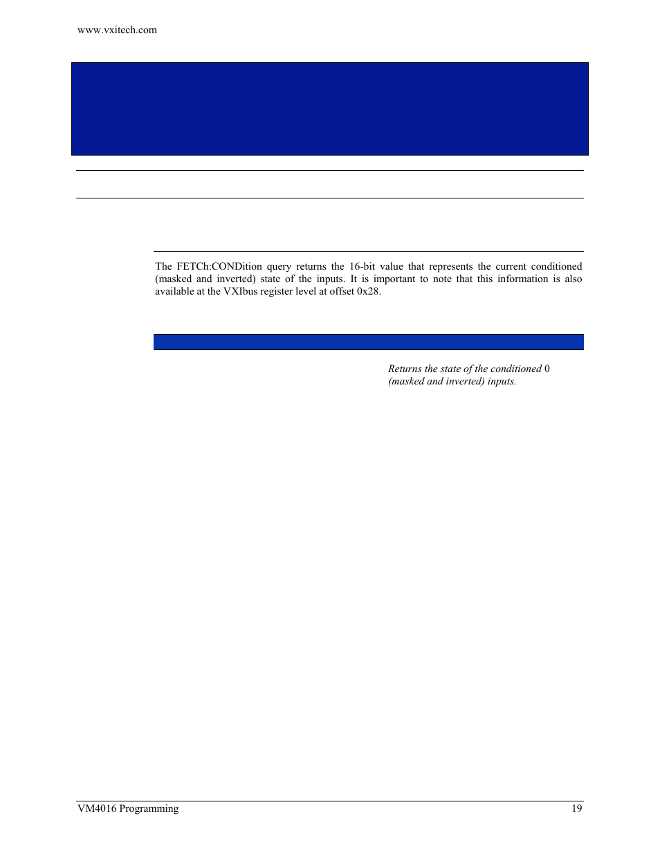Section 3, Programming, Examples of scpi commands | Fetch:conditioned, Ection | VXI VM4016 User Manual | Page 19 / 95