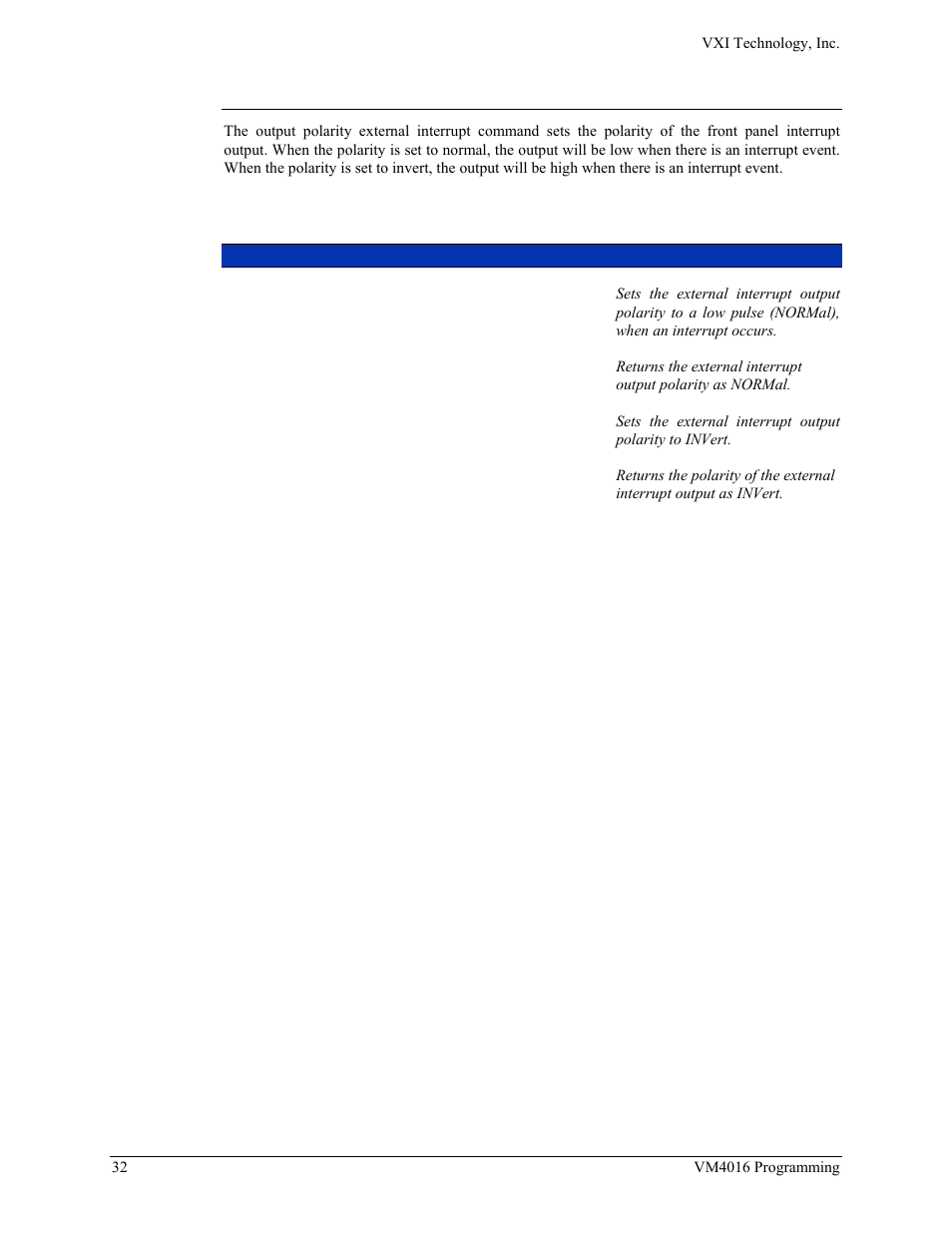 Output:polarity:external:interrupt | VXI VM4016 User Manual | Page 32 / 95