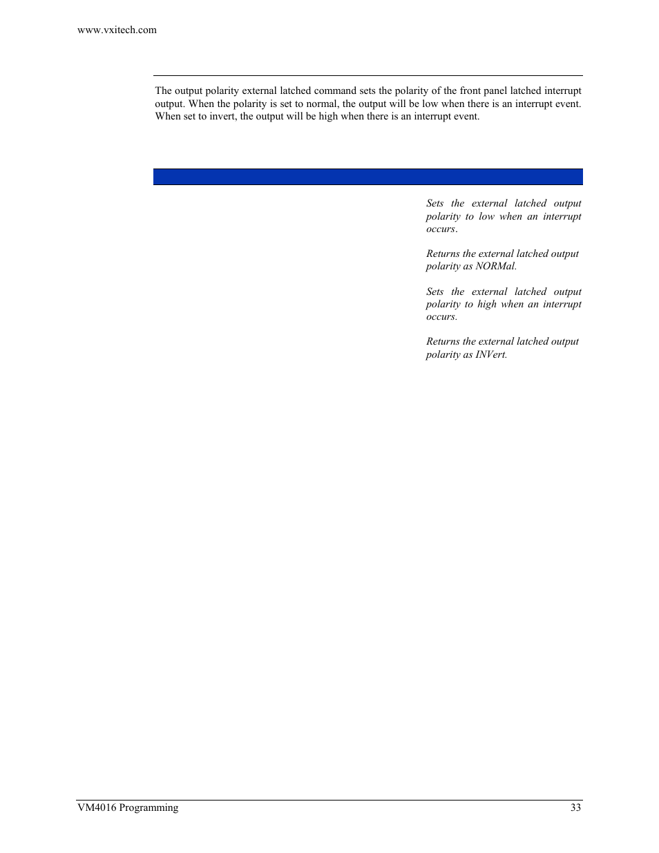 Output:polarity:external:latched | VXI VM4016 User Manual | Page 33 / 95