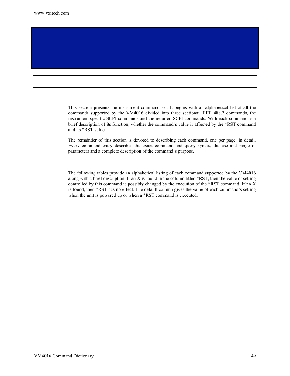 Section 4, Command dictionary, Introduction | Alphabetical command listing, Ection | VXI VM4016 User Manual | Page 49 / 95