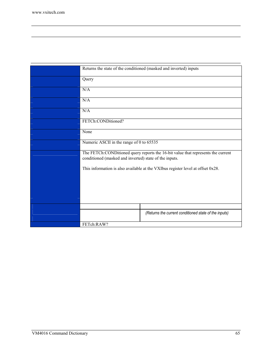 Instrument specific scpi commands, Fetch:conditioned, Scpi | Nstrument, Pecific, Ommands | VXI VM4016 User Manual | Page 65 / 95