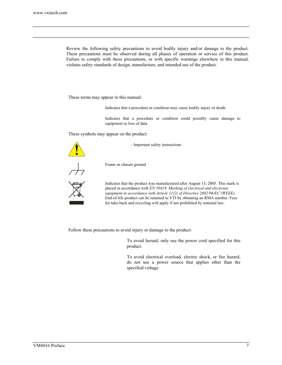 General safety instructions, Terms and symbols, Warnings | Eneral, Afety, Nstructions | VXI VM4016 User Manual | Page 7 / 95