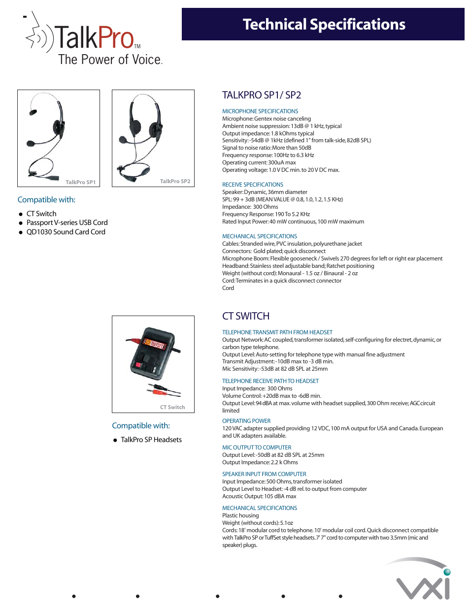 Talk pro, Technical specifications, The power of voice | Talkpro sp1/ sp2, Ct switch | VXI TALKPRO MAX User Manual | Page 2 / 2