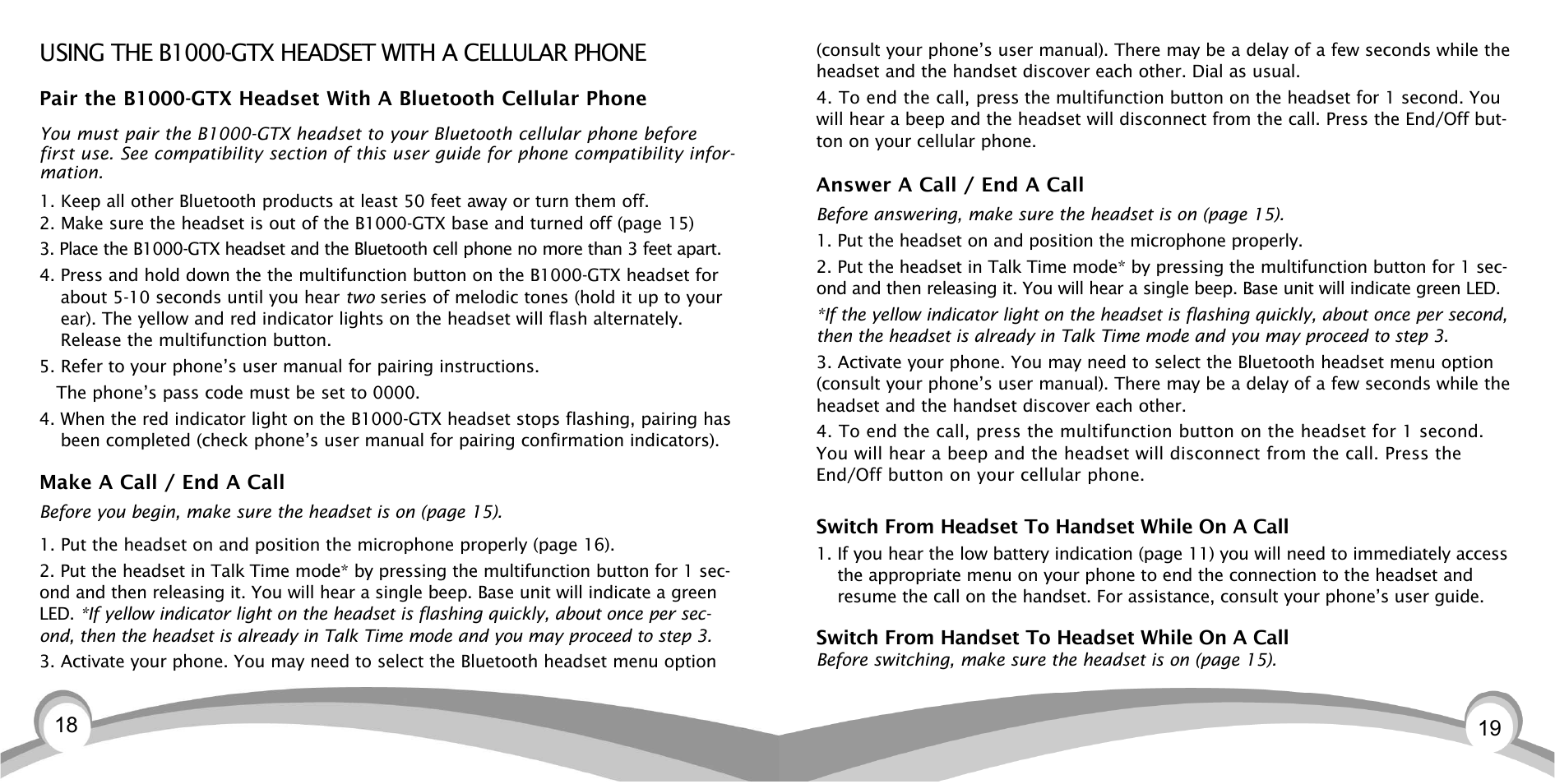 Using the b1000-gtx headset with a cellular phone | VXI BlueParrott TalkPro B1000-GTX User Manual | Page 10 / 15