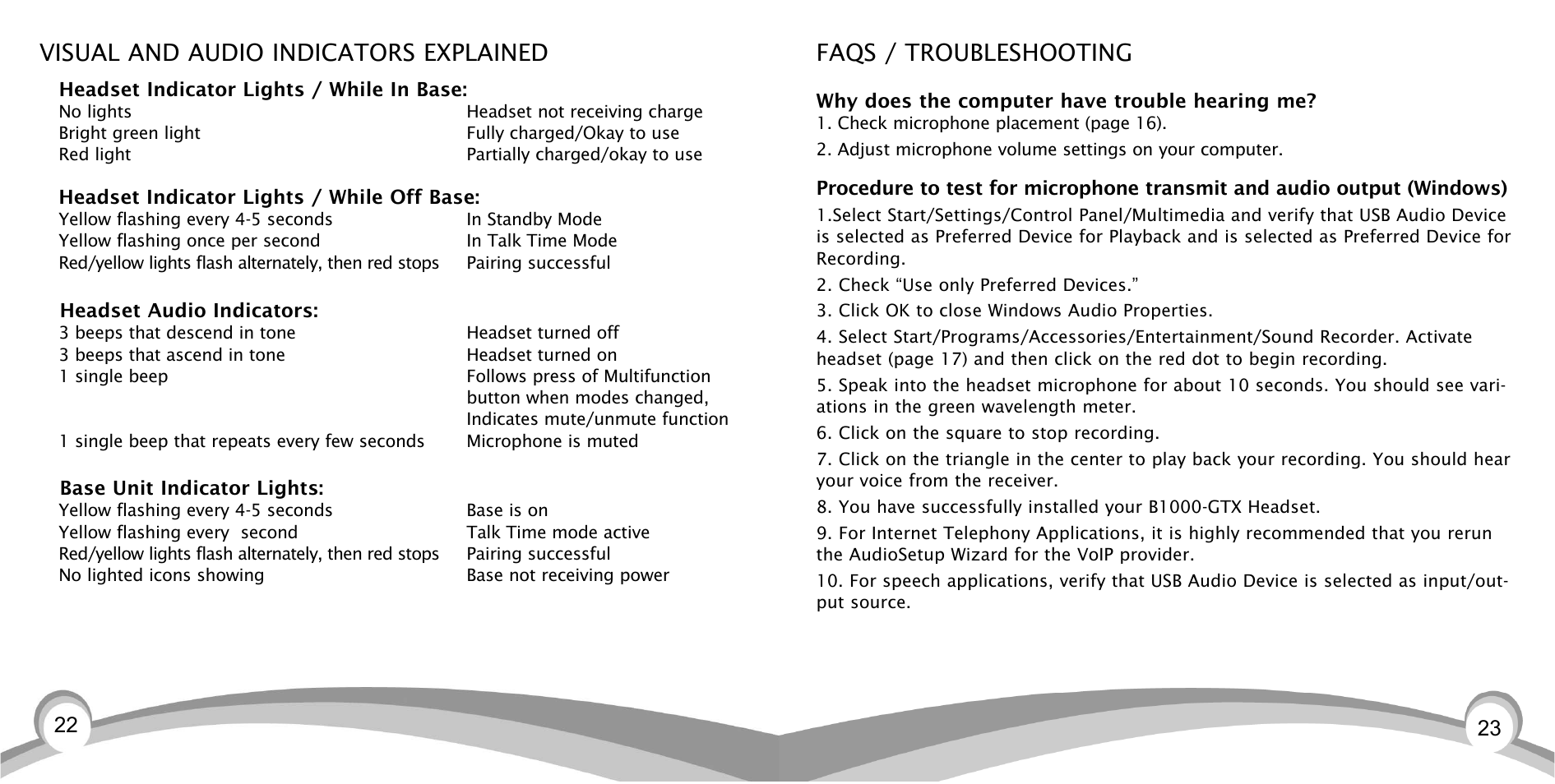 Faqs / troubleshooting, Visual and audio indicators explained | VXI BlueParrott TalkPro B1000-GTX User Manual | Page 12 / 15