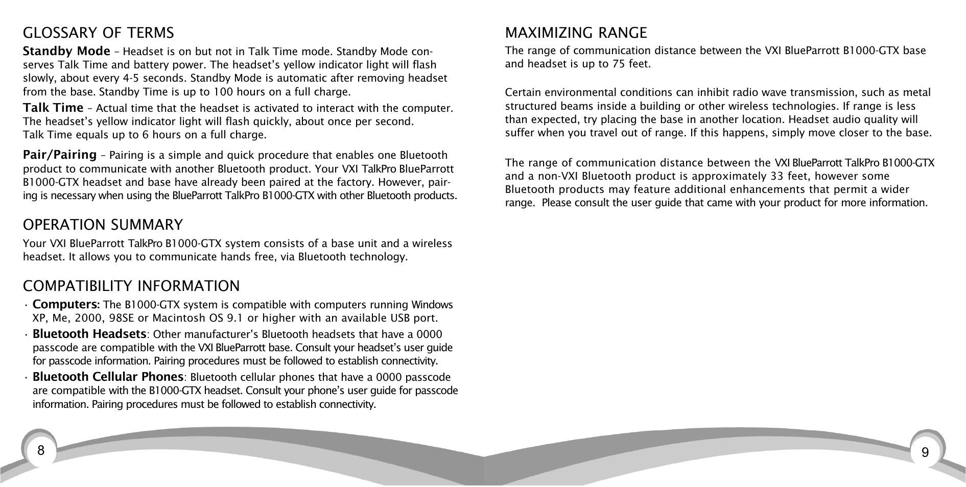 Maximizing range, Glossary of terms, Operation summary | Compatibility information | VXI BlueParrott TalkPro B1000-GTX User Manual | Page 5 / 15