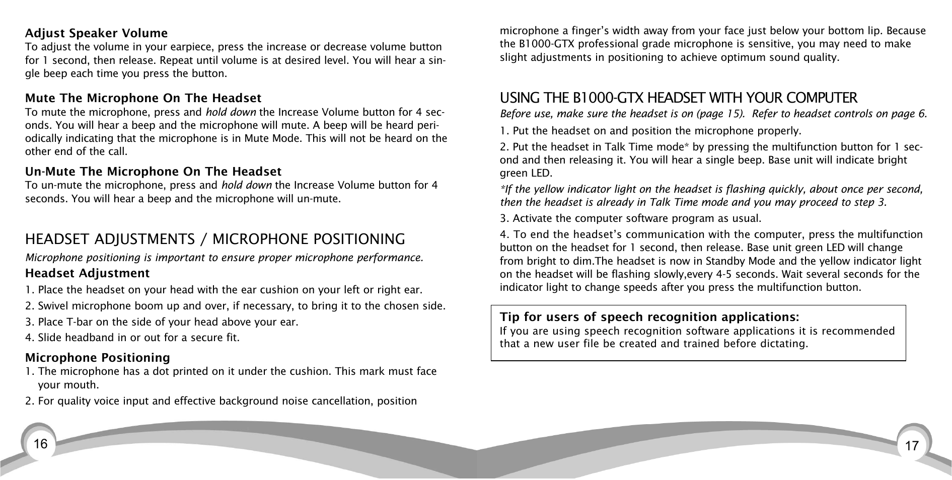 Using the b1000-gtx headset with your computer, Headset adjustments / microphone positioning | VXI BlueParrott TalkPro B1000-GTX User Manual | Page 9 / 15