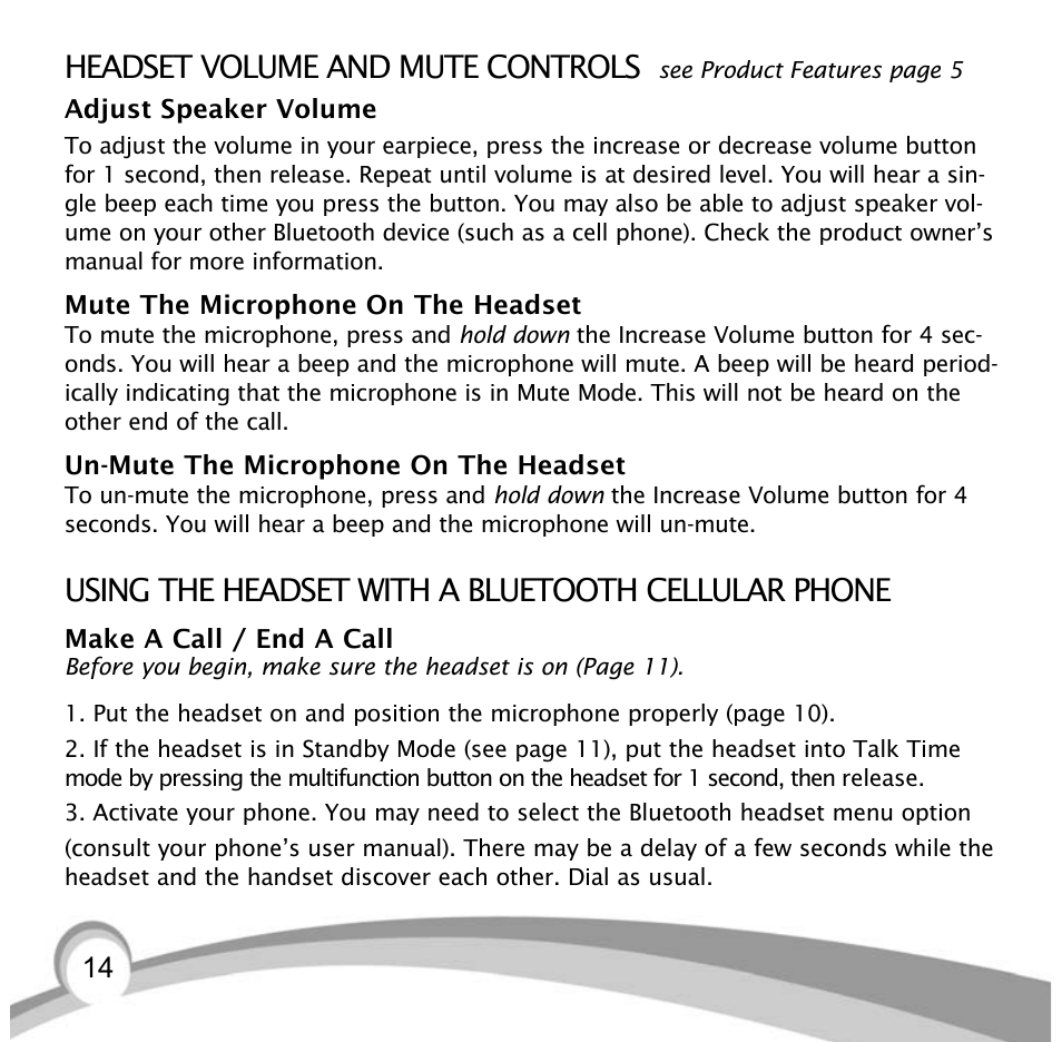 Headset volume and mute controls, Using the headset with a bluetooth cellular phone | VXI Bluetooth Heasdset BlueParrott B10 User Manual | Page 14 / 24