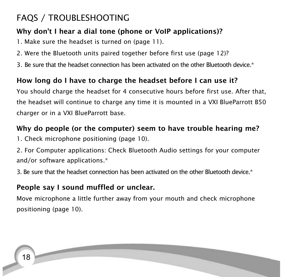 Faqs / troubleshooting | VXI Bluetooth Heasdset BlueParrott B10 User Manual | Page 18 / 24