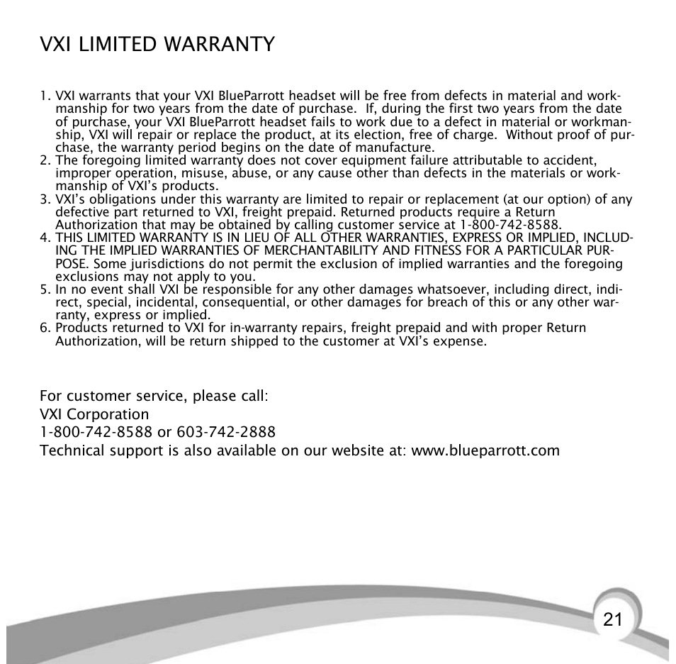 Vxi limited warranty | VXI Bluetooth Heasdset BlueParrott B10 User Manual | Page 21 / 24