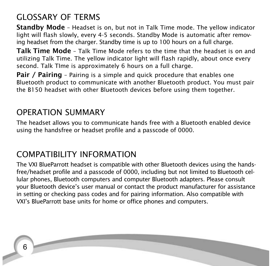 Glossary of terms, Operation summary, Compatibility information | VXI Bluetooth Heasdset BlueParrott B10 User Manual | Page 6 / 24