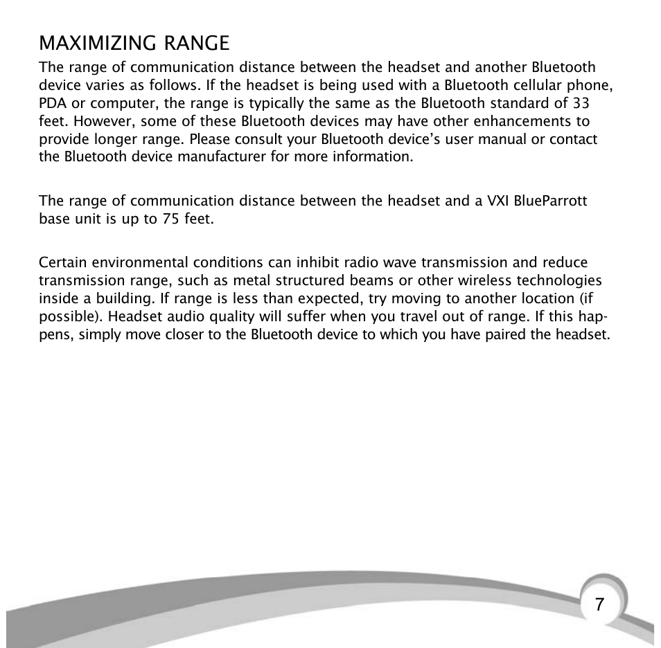 Maximizing range | VXI Bluetooth Heasdset BlueParrott B10 User Manual | Page 7 / 24