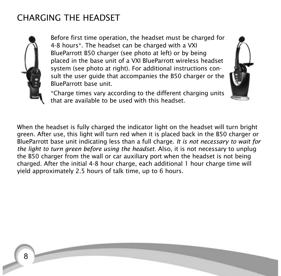 Charging the headset | VXI Bluetooth Heasdset BlueParrott B10 User Manual | Page 8 / 24