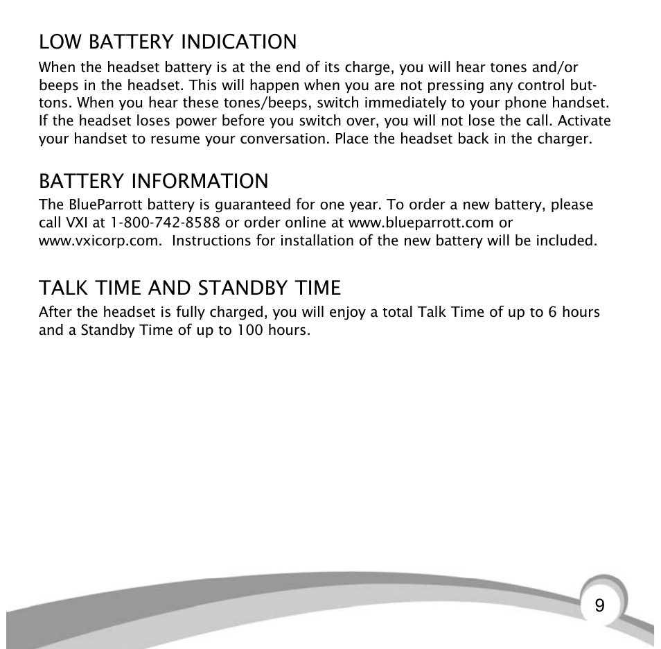 Low battery indication, Battery information, Talk time and standby time | VXI Bluetooth Heasdset BlueParrott B10 User Manual | Page 9 / 24