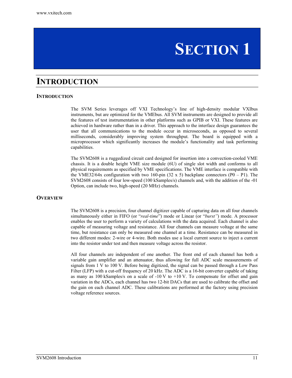 Section 1, Introduction, Overview | Ection, Ntroduction | VXI TECHNOLOGY SVM2608 User Manual | Page 11 / 57