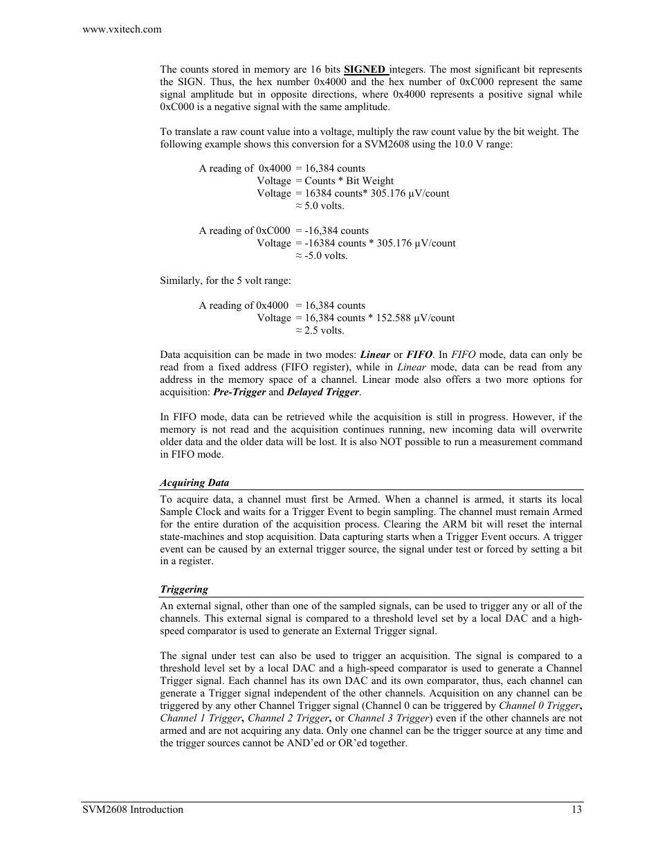Acquiring data, Triggering | VXI TECHNOLOGY SVM2608 User Manual | Page 13 / 57