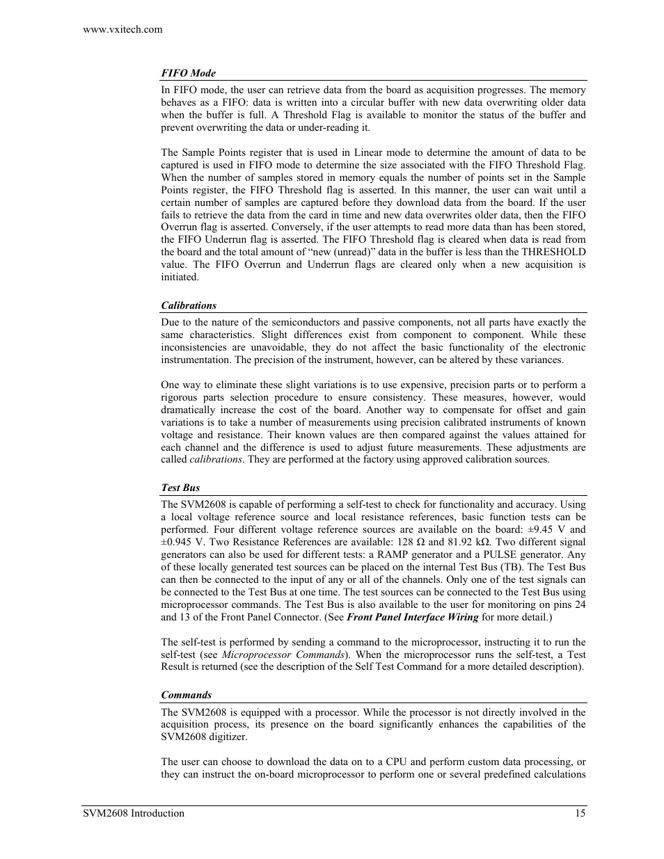 Fifo mode, Calibrations, Test bus | Commands | VXI TECHNOLOGY SVM2608 User Manual | Page 15 / 57