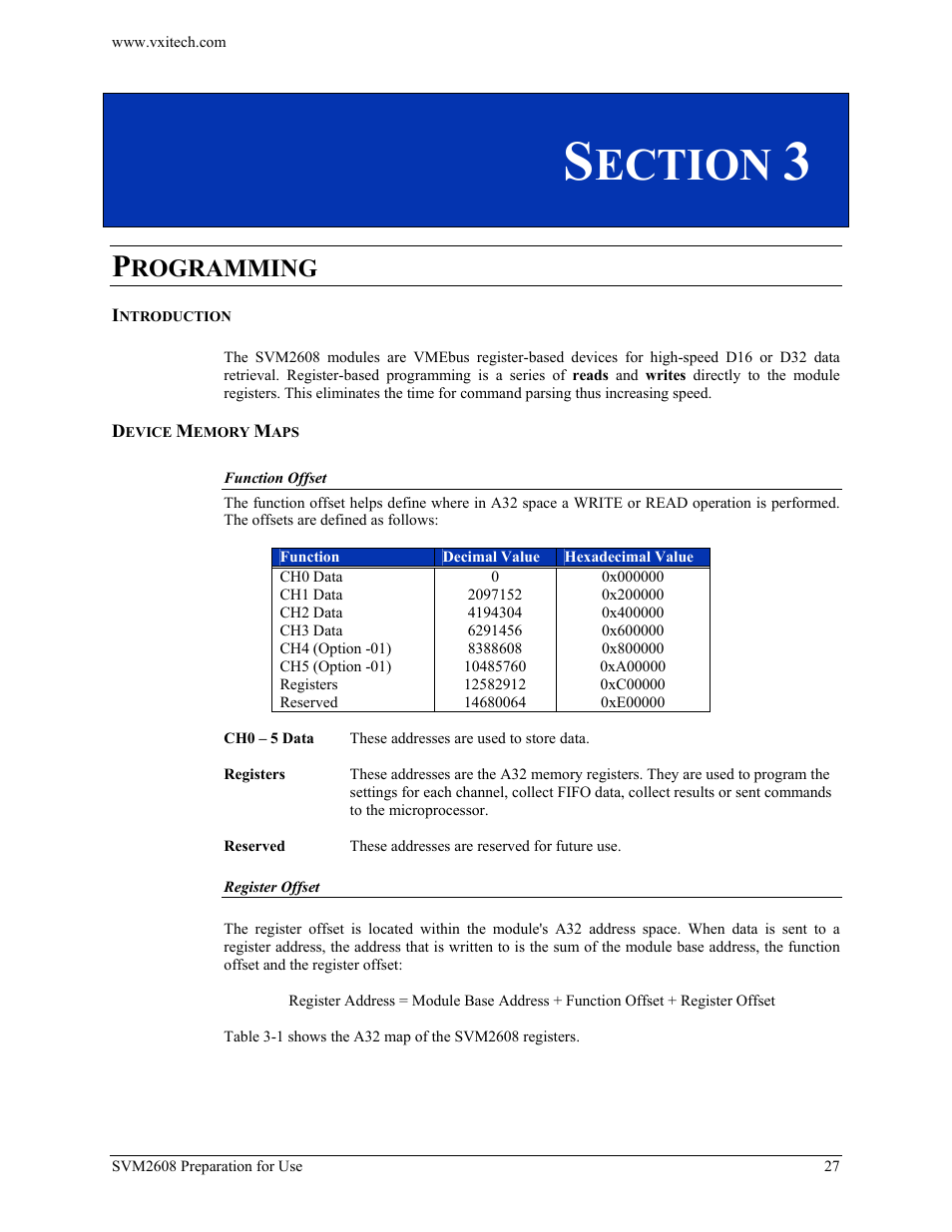 Section 3, Programming, Introduction | Device memory maps, Function offset, Register offset, Ection, Rogramming | VXI TECHNOLOGY SVM2608 User Manual | Page 27 / 57