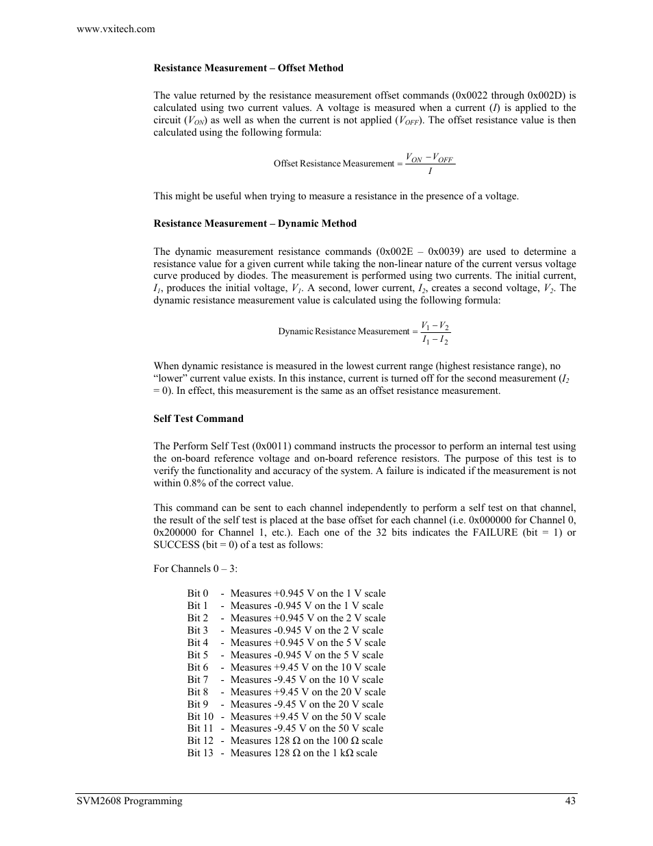 Resistance measurement – offset method, Resistance measurement – dynamic method, Self test command | VXI TECHNOLOGY SVM2608 User Manual | Page 43 / 57