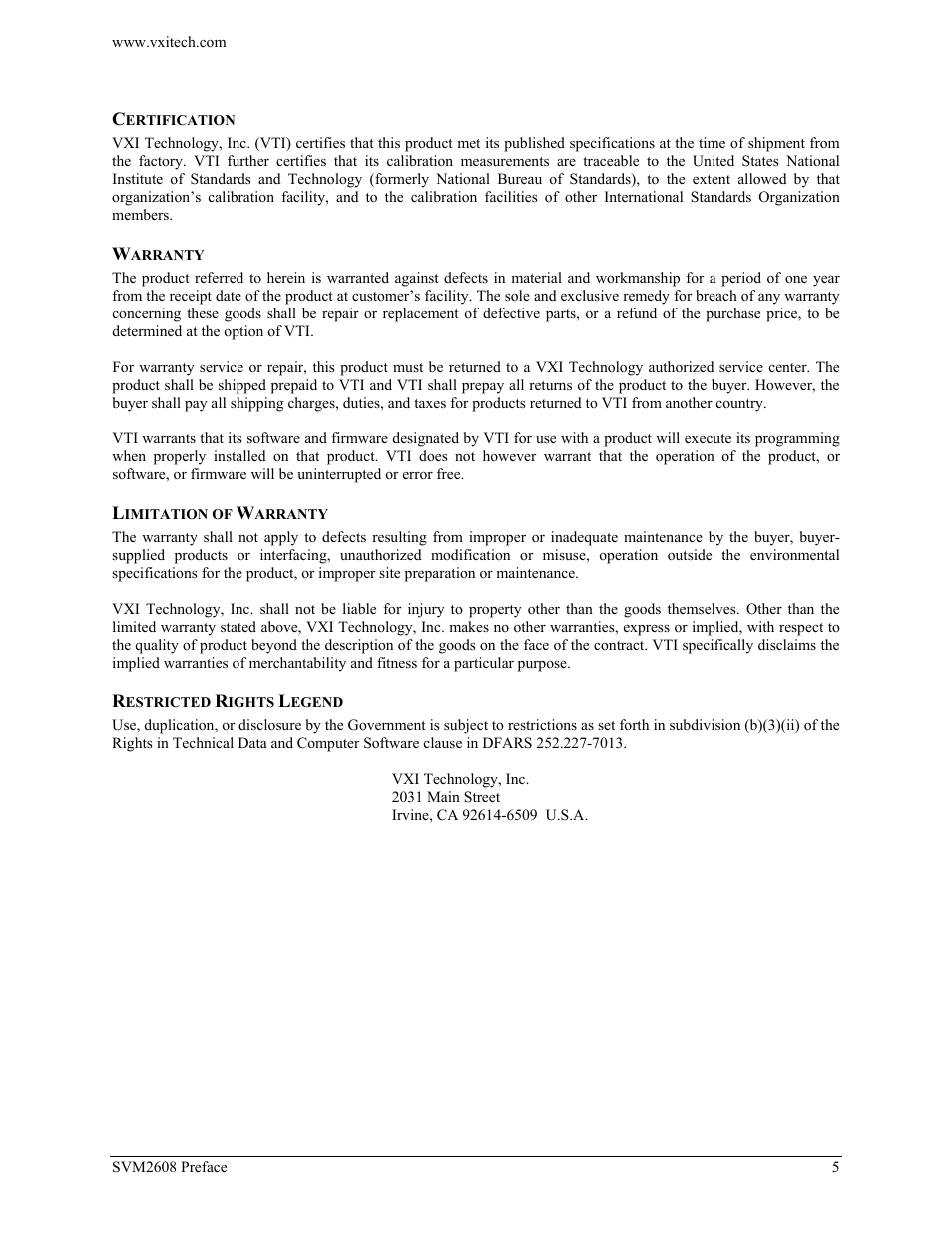 Certification, Warranty, Limitation of warranty | Restricted rights legend | VXI TECHNOLOGY SVM2608 User Manual | Page 5 / 57