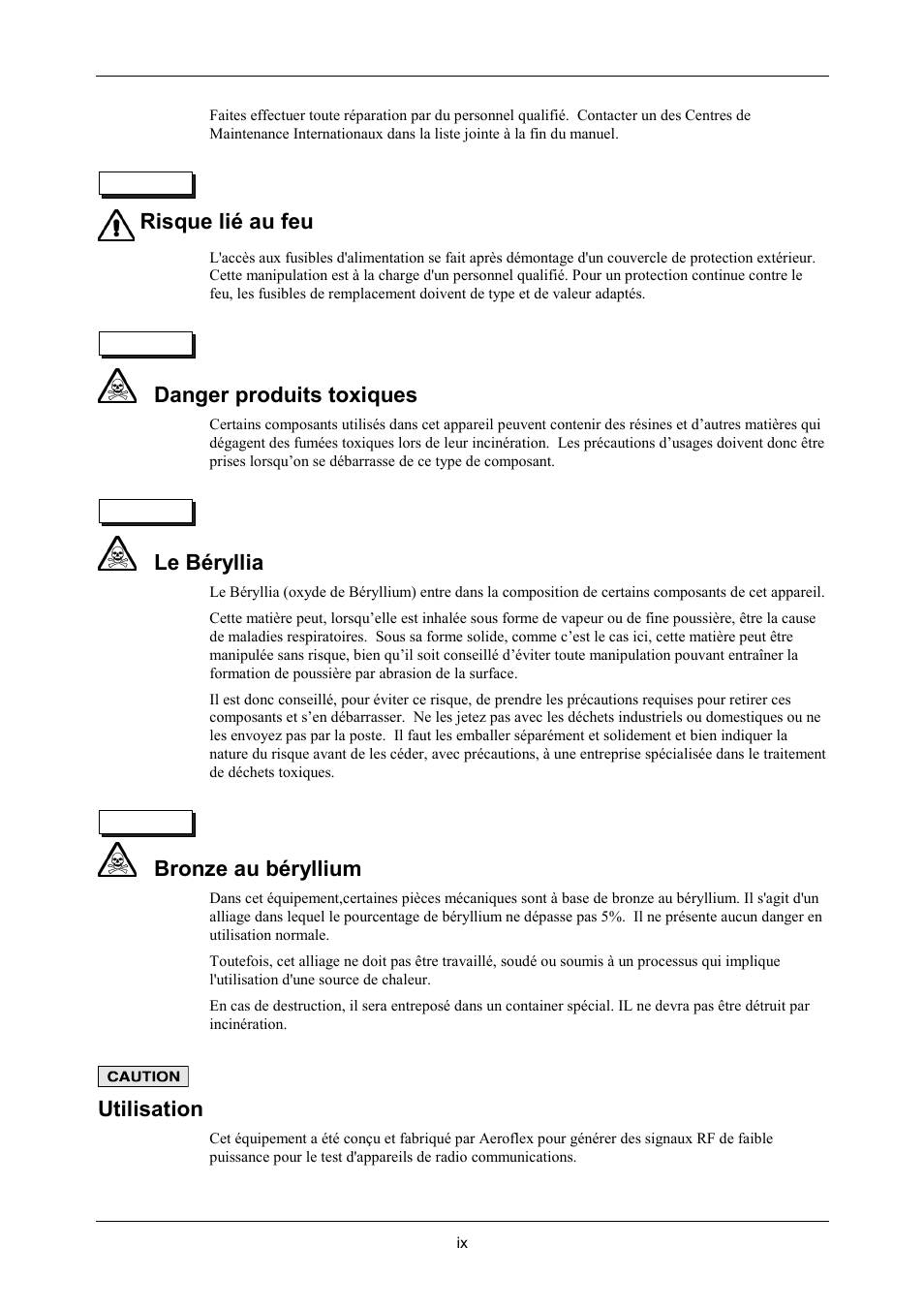 Risque lié au feu, Danger produits toxiques, Le béryllia | Bronze au béryllium, Utilisation | VXI 3002 User Manual | Page 10 / 136