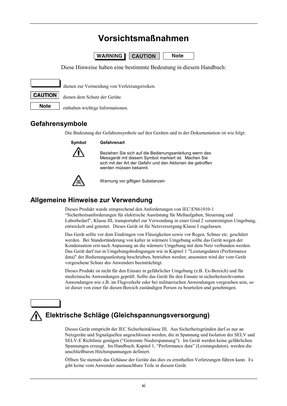 Vorsichtsmaßnahmen, Gefahrensymbole, Allgemeine hinweise zur verwendung | Elektrische schläge (gleichspannungsversorgung) | VXI 3002 User Manual | Page 12 / 136