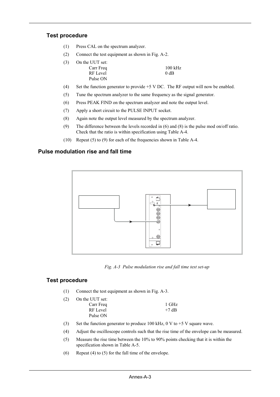 Test procedure, Pulse modulation rise and fall time | VXI 3002 User Manual | Page 129 / 136