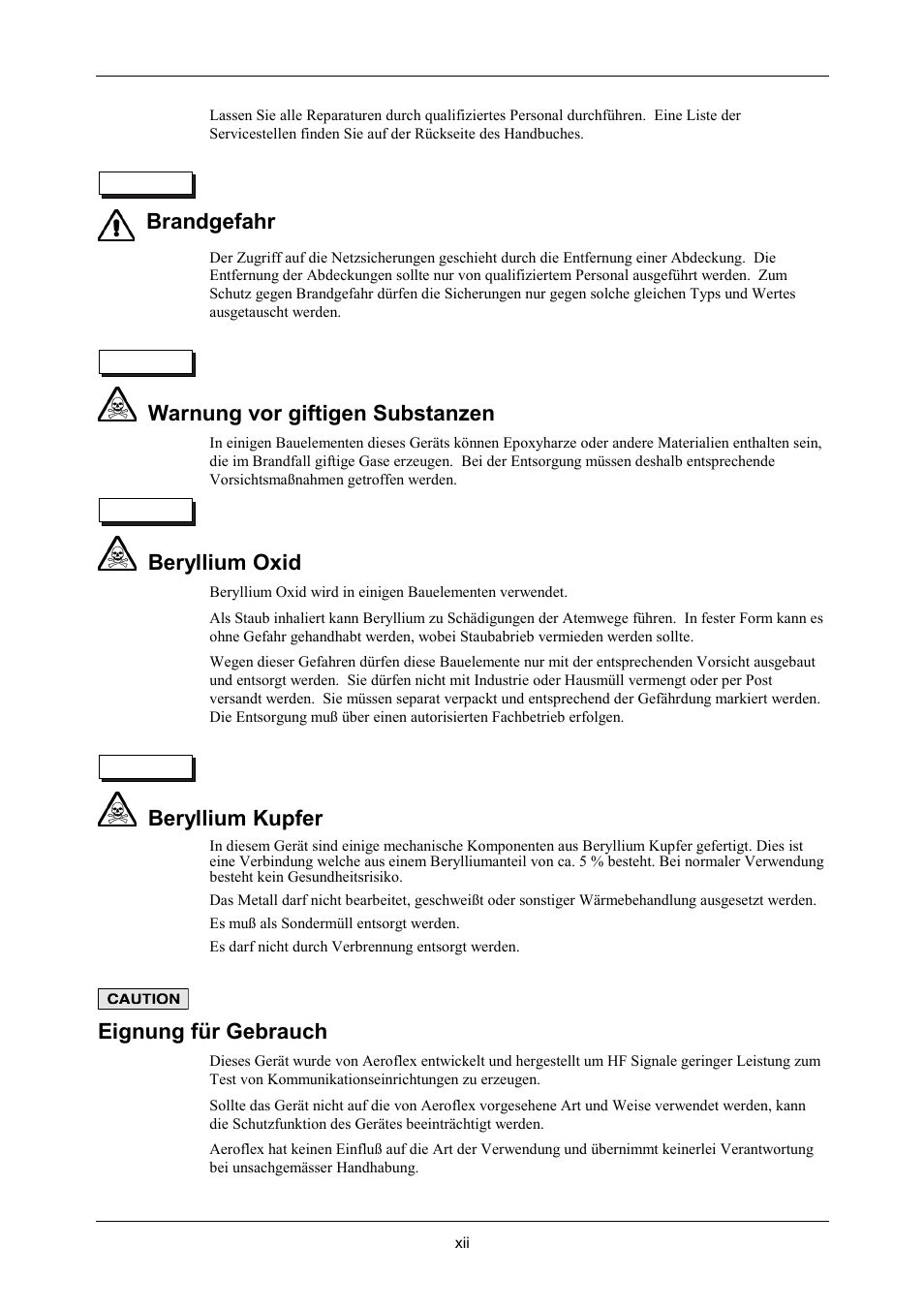 Precauzioni, Brandgefahr, Warnung vor giftigen substanzen | Beryllium oxid, Beryllium kupfer, Eignung für gebrauch | VXI 3002 User Manual | Page 13 / 136