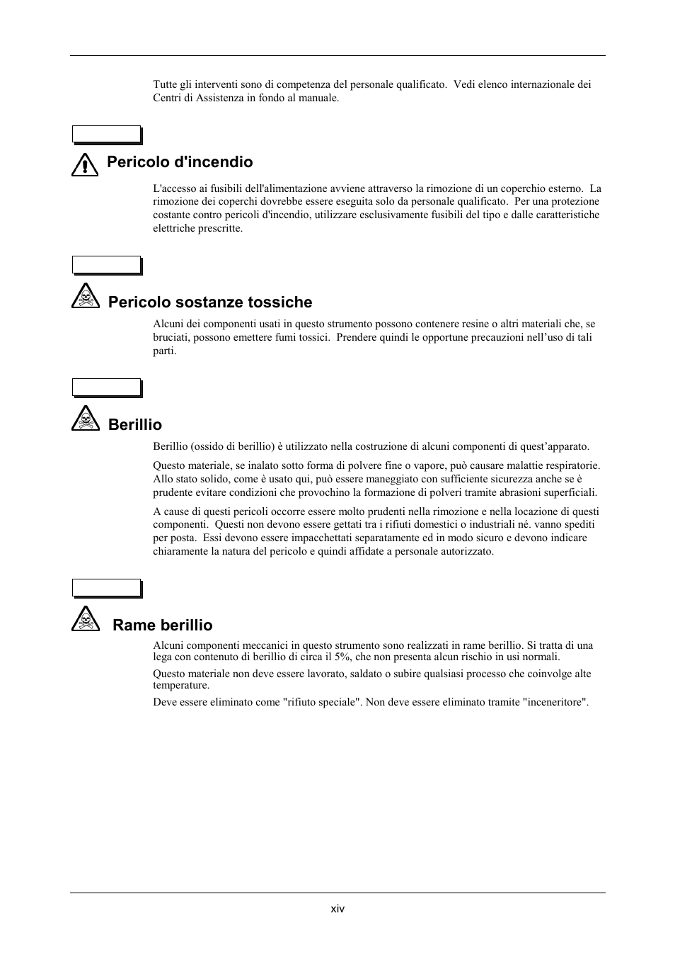 Pericolo d'incendio, Pericolo sostanze tossiche, Berillio | Rame berillio | VXI 3002 User Manual | Page 15 / 136