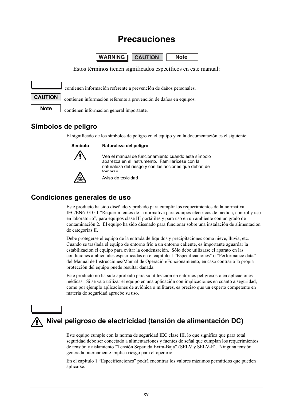 Precauciones, Símbolos de peligro, Condiciones generales de uso | VXI 3002 User Manual | Page 17 / 136