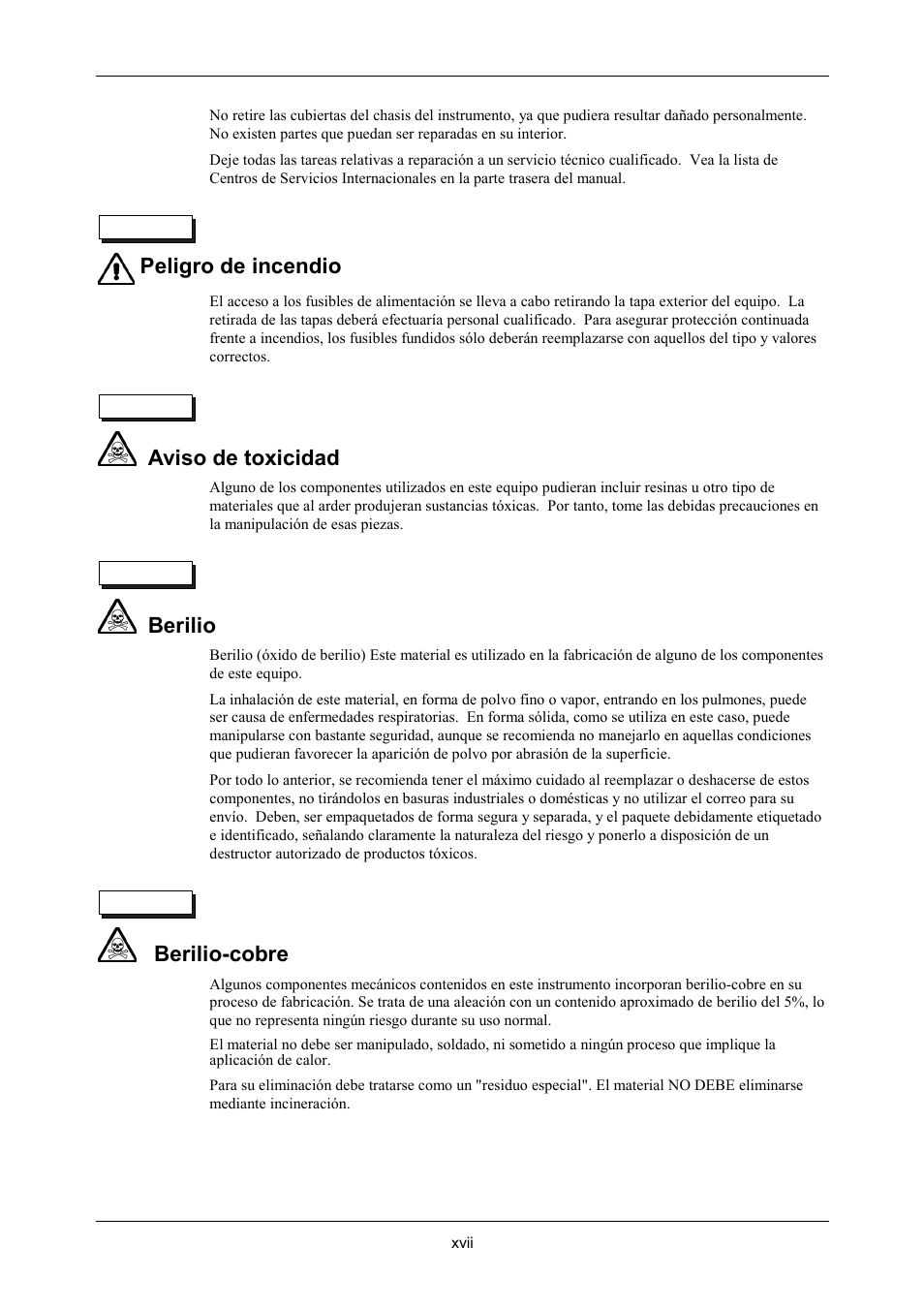 Peligro de incendio, Aviso de toxicidad, Berilio | Berilio-cobre | VXI 3002 User Manual | Page 18 / 136