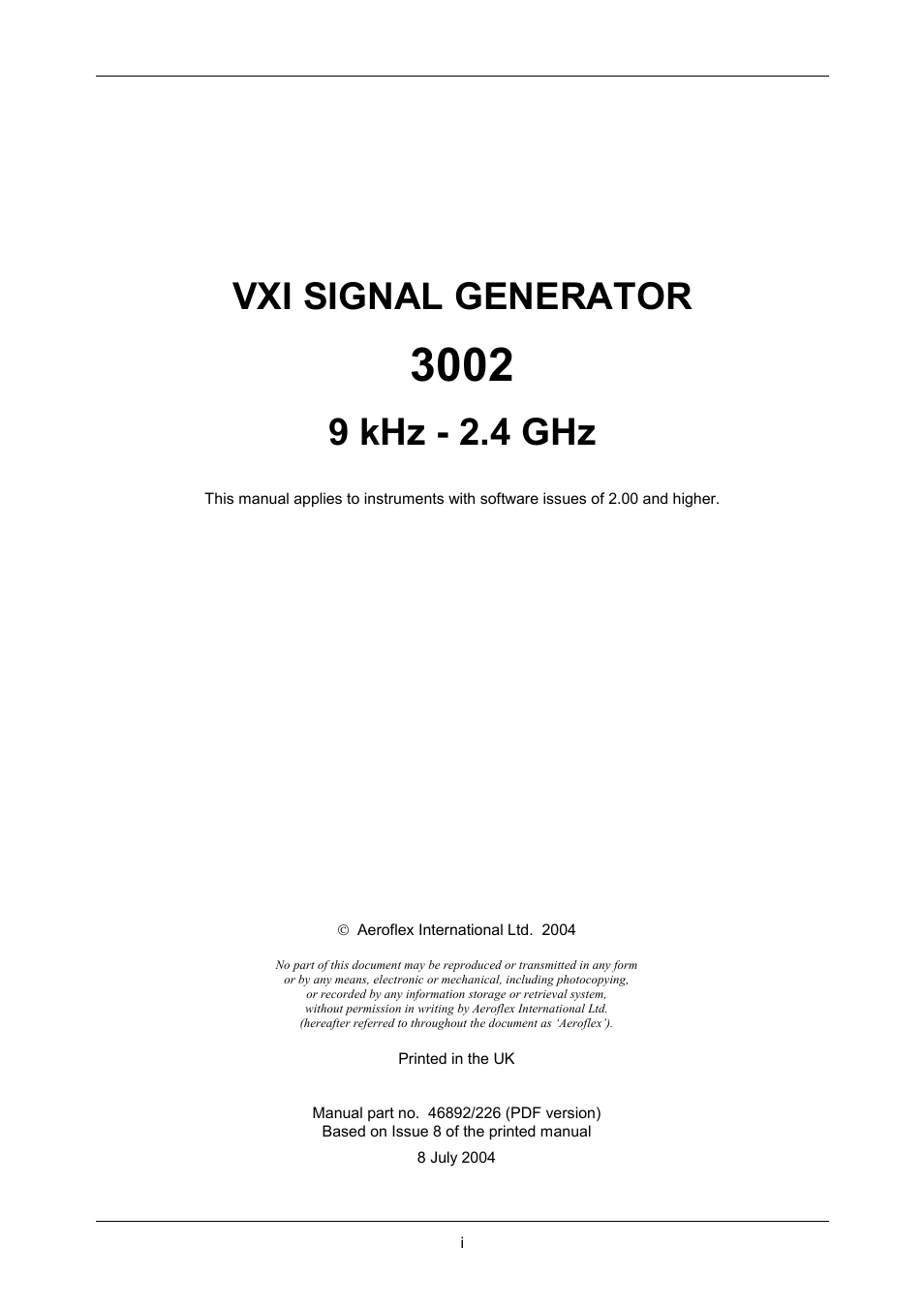 Vxi signal generator, 9 khz - 2.4 ghz | VXI 3002 User Manual | Page 2 / 136