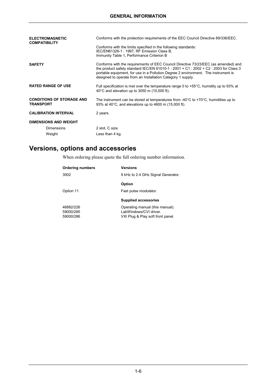 Versions, options and accessories, Versions, options and accessories -6 | VXI 3002 User Manual | Page 25 / 136