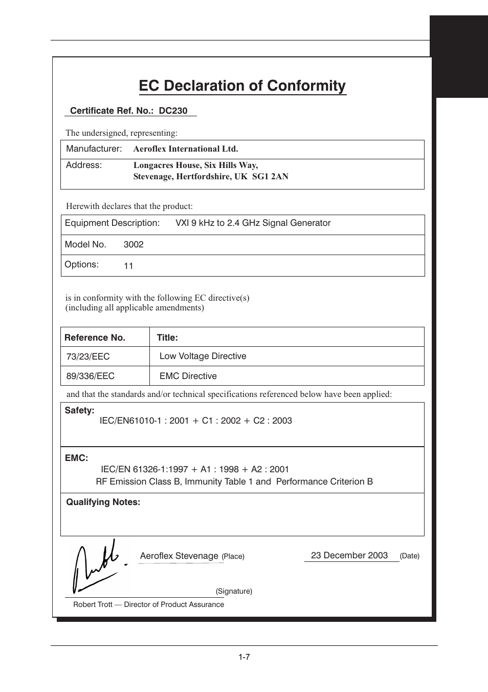 Declaration of conformity, Ec declaration of conformity | VXI 3002 User Manual | Page 26 / 136