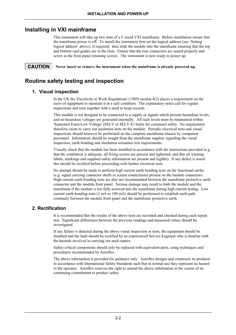 Installing in vxi mainframe, Routine safety testing and inspection, Installing in vxi mainframe -2 | Routine safety testing and inspection -2 | VXI 3002 User Manual | Page 28 / 136