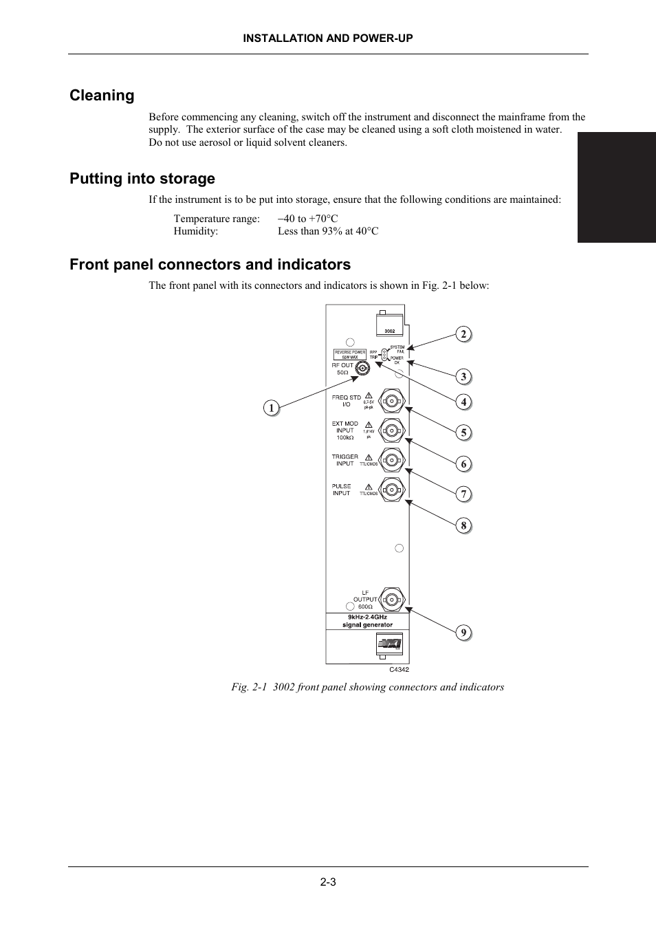 Cleaning, Putting into storage, Front panel connectors and indicators | Cleaning -3, Putting into storage -3, Front panel connectors and indicators -3 | VXI 3002 User Manual | Page 29 / 136