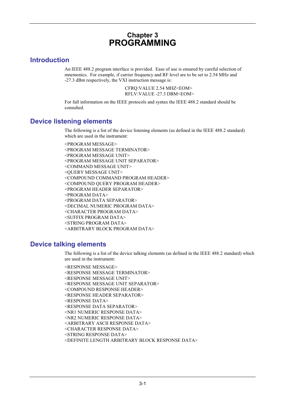 Programming, Introduction, Device listening elements | Device talking elements, Chapter 3 | VXI 3002 User Manual | Page 31 / 136